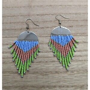 Earrings Beaded Silver, Periwinkle, Peach & Light Green
